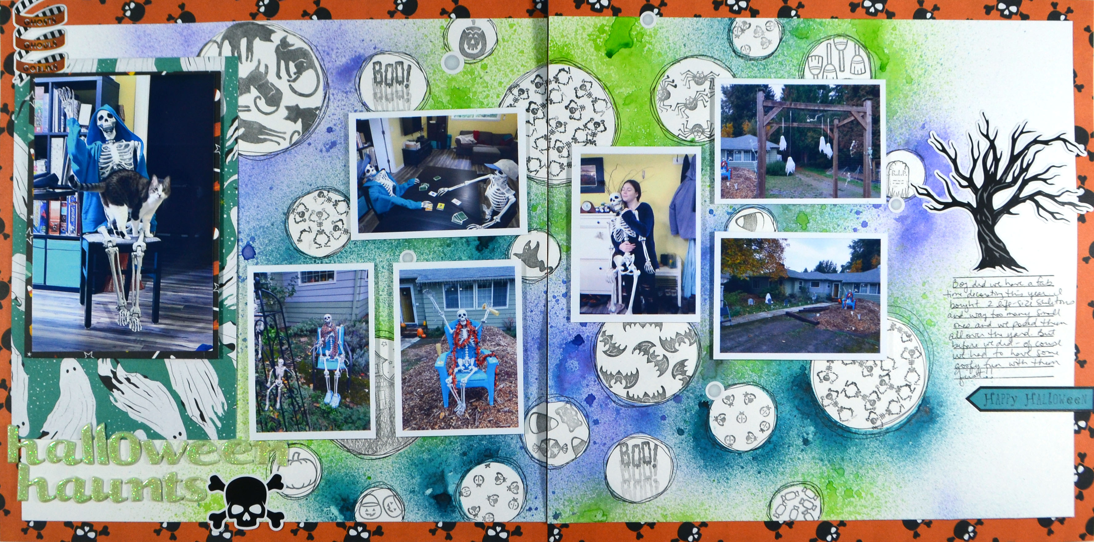 A scrapbook double page layout about halloween skeleton decorations.