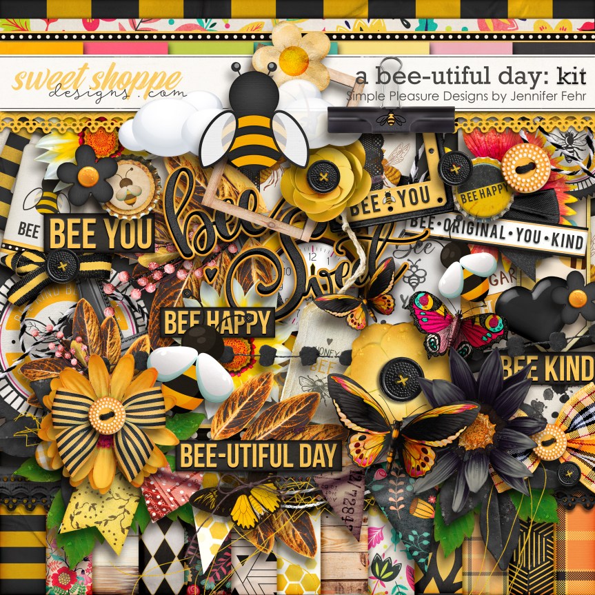 Scrapbooking kit featuring yellow and black colors and bee icons.